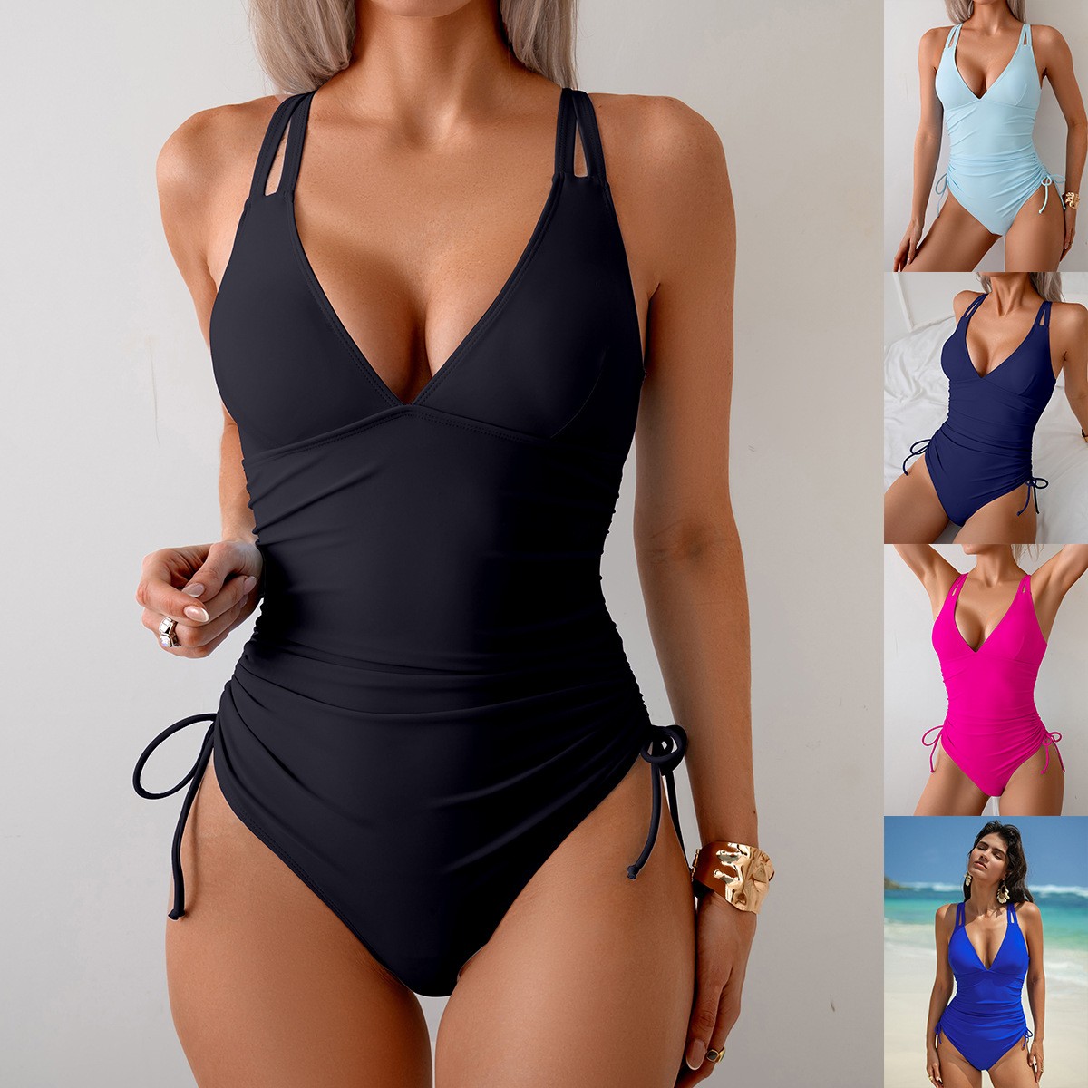 Solid Black Swimsuit V Neck Ru - Swimsuit Bikini Ruched review and price
